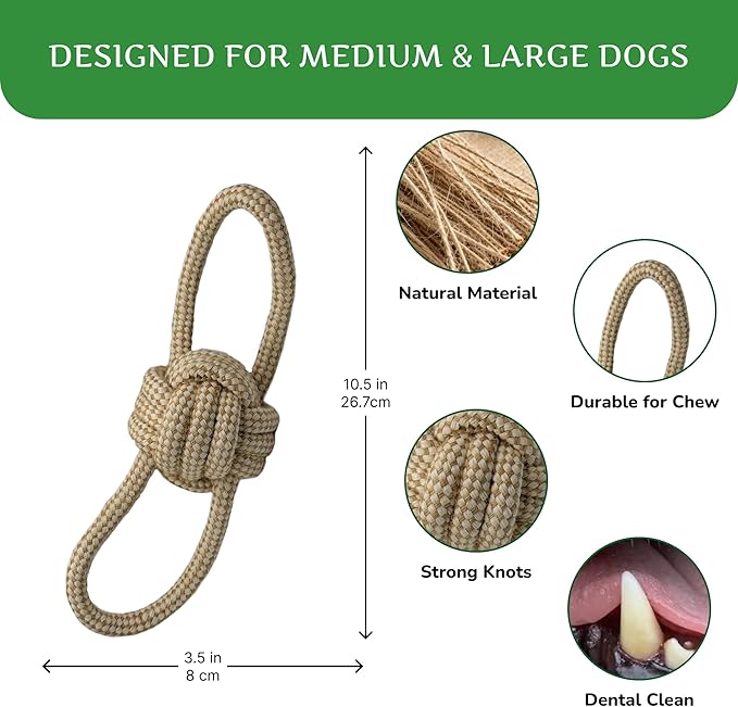 Natural Hemp Dog Rope Toy, Durable Chew and Tug Toy for Medium and Large Dogs, Biodegradable Dental Cleaning Pet Toy (Double Loop Ball)