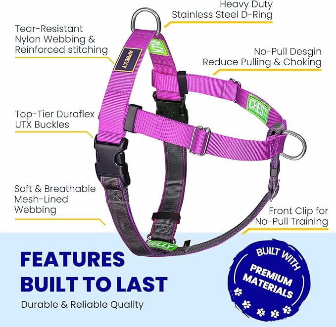 Freedom No Pull Dog Harness, Easy Walker, Front and Back Clips, Stop Pulling with 2 Stainless D-Rings, Sewn-in Instructions Tags for Easy Use, for Small Dogs Weight 20-30 lbs (Purple, Small)