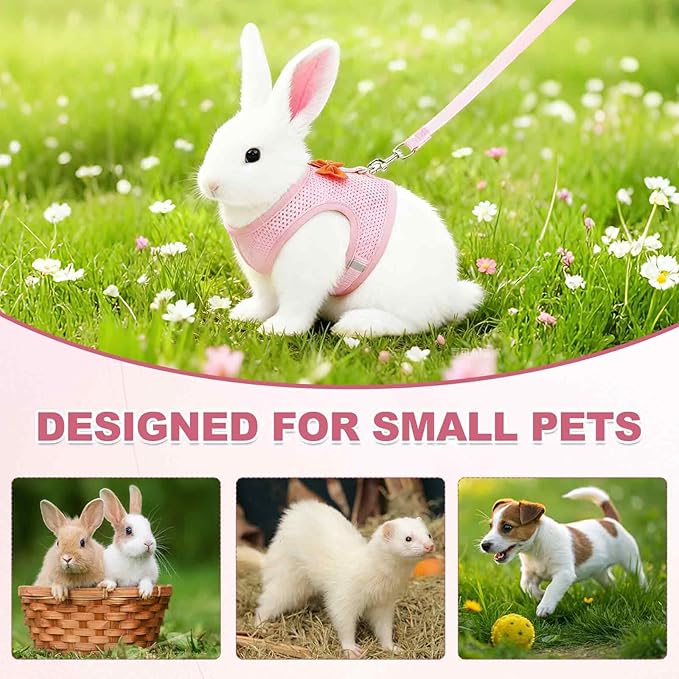 Rabbit Harness and Leash, Small Pet Cute Vest Harness Leash Soft Adjustable Buckle Breathable Mesh (M, Pink) for Bunny Kitten Small Pig Puppies Camping Hiking Training
