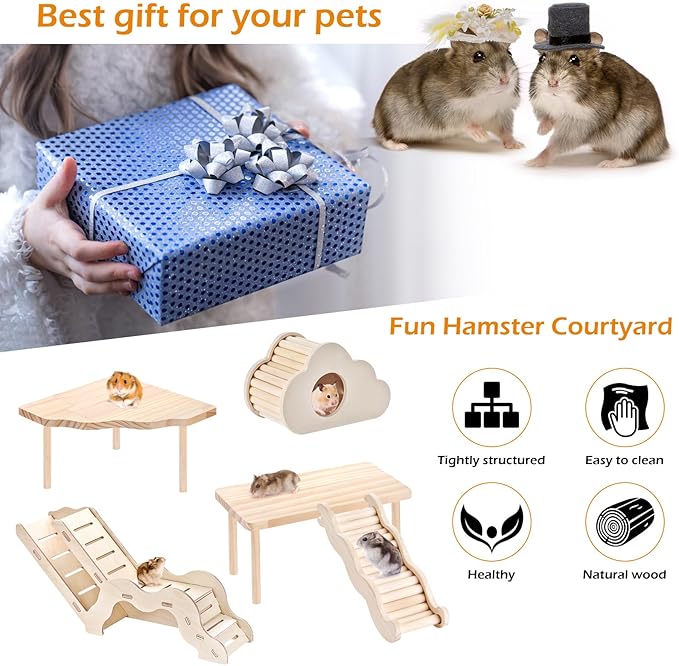 5-in-1 Wooden Hamster Toys Set Hamster House Hideout with Ladder Bridge Platform Table Climbing Ramp, Chew Toy for Syrian Dwarf Hamsters Gerbils Small Pets Cage Accessories Natural Wood Habitat Decor