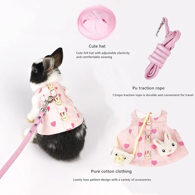 Guinea Pig Clothes,Rabbit Harness,Ferret Bunny Clothes with Pet Rabbit Harness and Leash Mini Hat Bag Cute Brooch for Kitten Small Animal Collars
