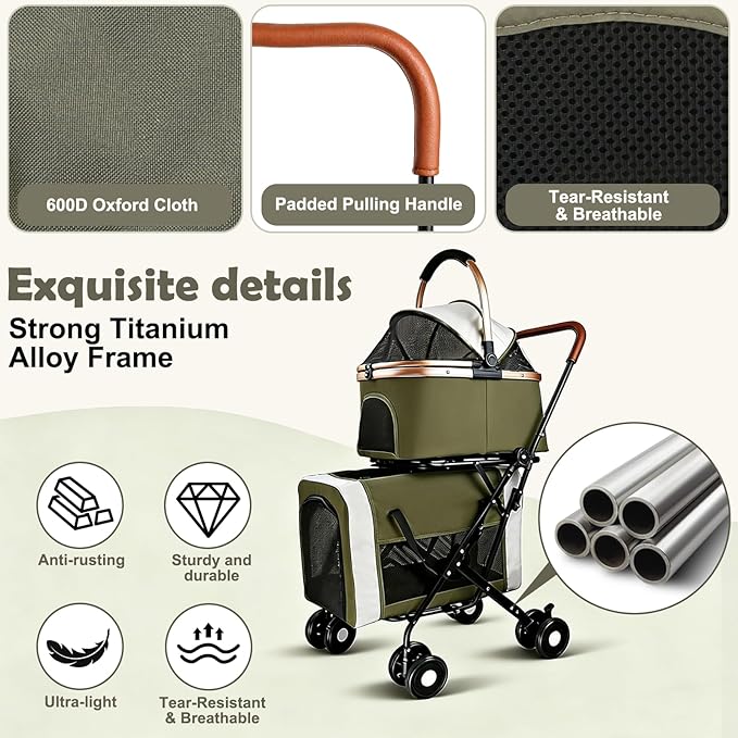 Double Pet Stroller for Dogs and Cats: Dog Stroller Foldable Travel Carriage with Detachable Carriers, Safety Belts, and 4 Lockable Wheels for Small to Medium Pets – Ideal for Multi-Pet Homes (Green)