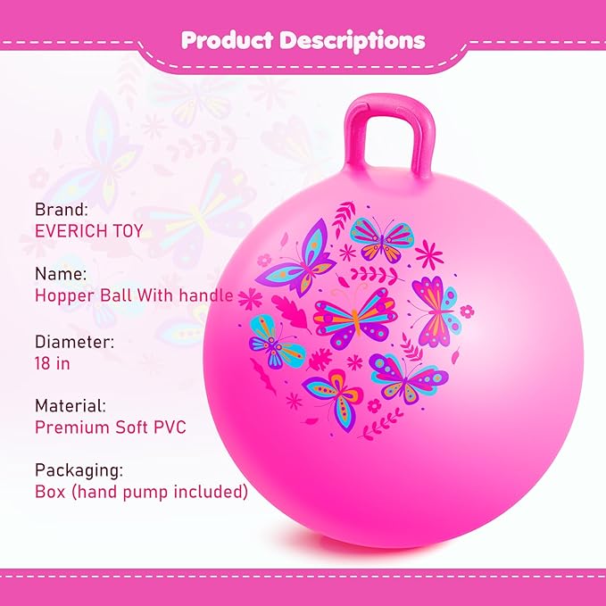 Hopper Ball, Pink Butterfly Hopping Toys for Kids, 18 Inch Bouncy Ball with Handle, Indoor Outdoor Inflatable Hoppity Hop Toy for Girls Boys Gift with Free Pump