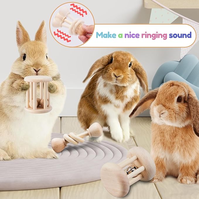 AOWPFVV 3 Pcs Wooden Bunny Toys - Safe Rabbit & Guinea Pigs Teeth Grinding Toys for Chinchillas, Hamsters & Small Animals - Indoor & Outdoor
