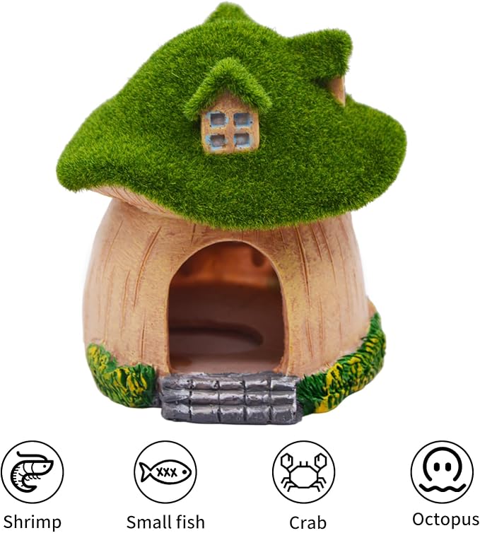 AnRui Green Moss Mushroom Aquarium Decor Cute Fish Tank Decorationss Resin Aquarium Decor Hideout Cave Ornament for Small Fish, Shrimp, Hermit Crab, Goldfish and Reptiles