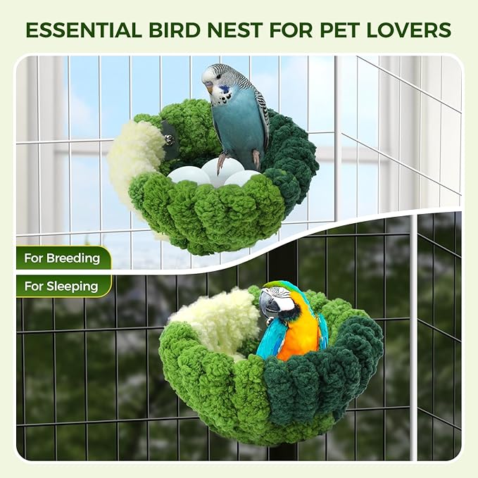 Admaison Bird Nest for Cage,Plush Hanging Bird Bed for Parakeet,Breeding Bird House for Conure,Budgie,Cockatiel,Lovebird,Canary,Finch,Hamster,Small Pets,Warm Nest(Green, L)
