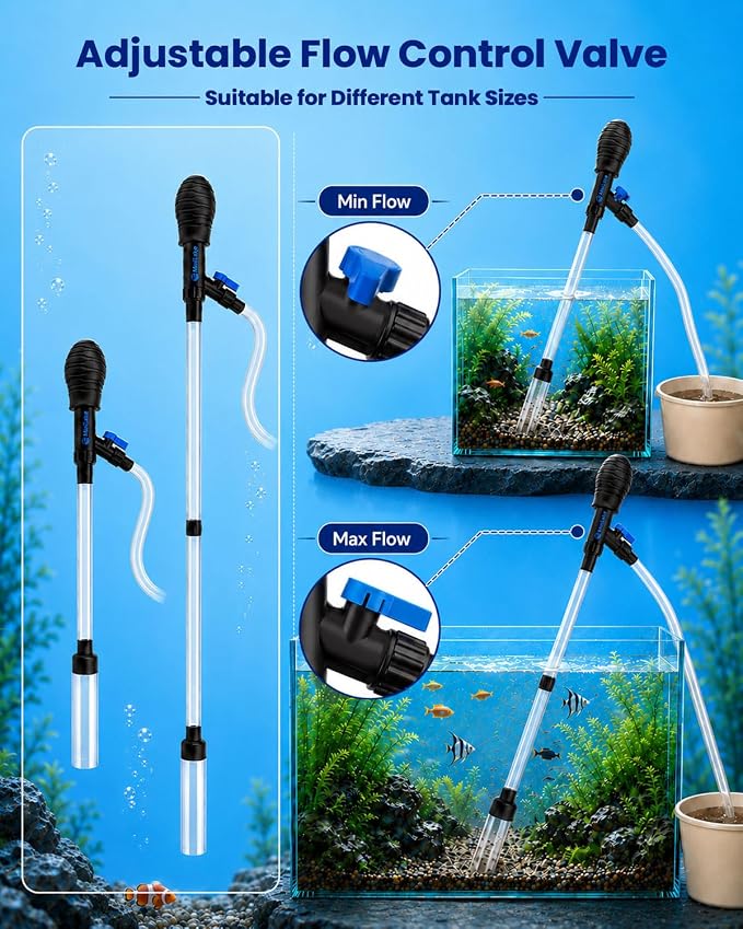Aquarium Gravel Cleaner Kit | 80GPH Fish Tank Water Changer Tool with 6Ft Water Hose Skimmer Net Sponge Brush Sand Shovel and Tweezer for 3~8Gal Tank
