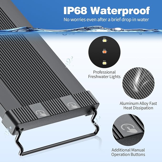 Bluetooth LED Aquarium Light with APP Control, 3 Modes for 18-24 Inch Fish Tank Light with Full Spectrum White Blue Red Green Lights, IP68 Waterproof with Extendable Brackets for Freshwater