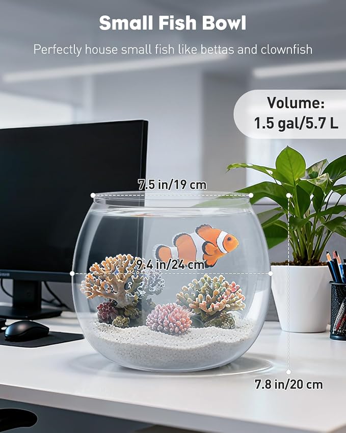 Pawfly Small Plastic Fish Bowl, Clear Round 1.5 Gallon Fish Tank for Small Fish, Unbreakable Small Fishbowl Desktop Aquarium, Shatterproof Betta Fish Tank Goldfish Bowl, Decorative Globe Vase