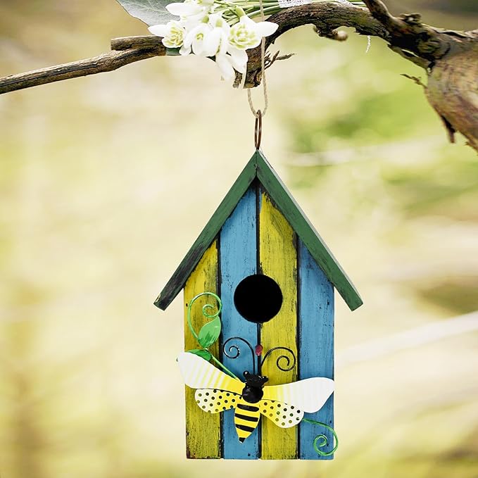 Wood Bird Houses for Outside, Hanging Bluebird House Nest Box Garden Patio Outdoor Decorative Bird Houses Vintage Rustic Wooden Birdhouse Bird Box Home for Finch Wren Chickadee Cardinals(Bee)