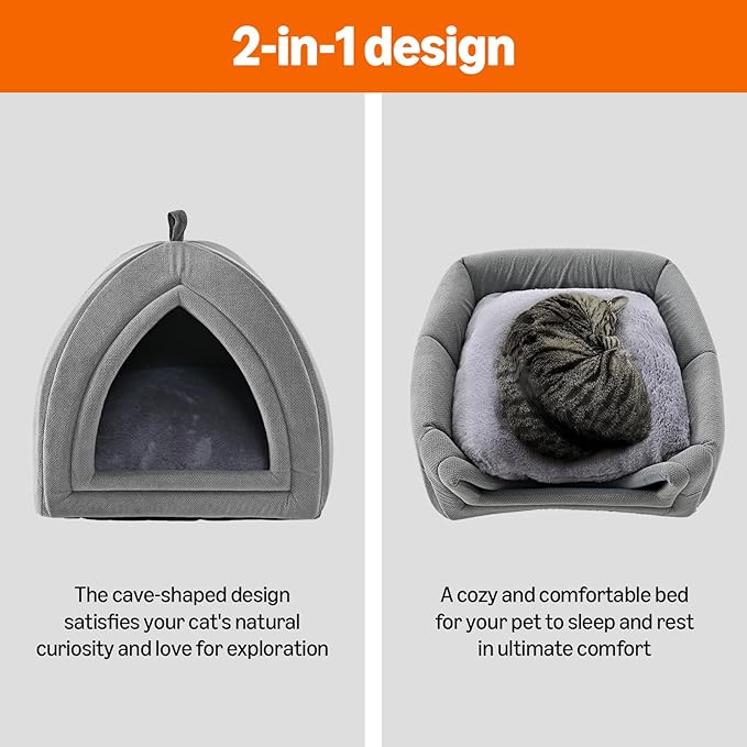 Amazon Basics Cat Cave Bed, 2-in-1 Foldable House for Indoor Cats, with Washable Cushion and Non-Slip Base, 15 x 15 Inches, Small, LightGray