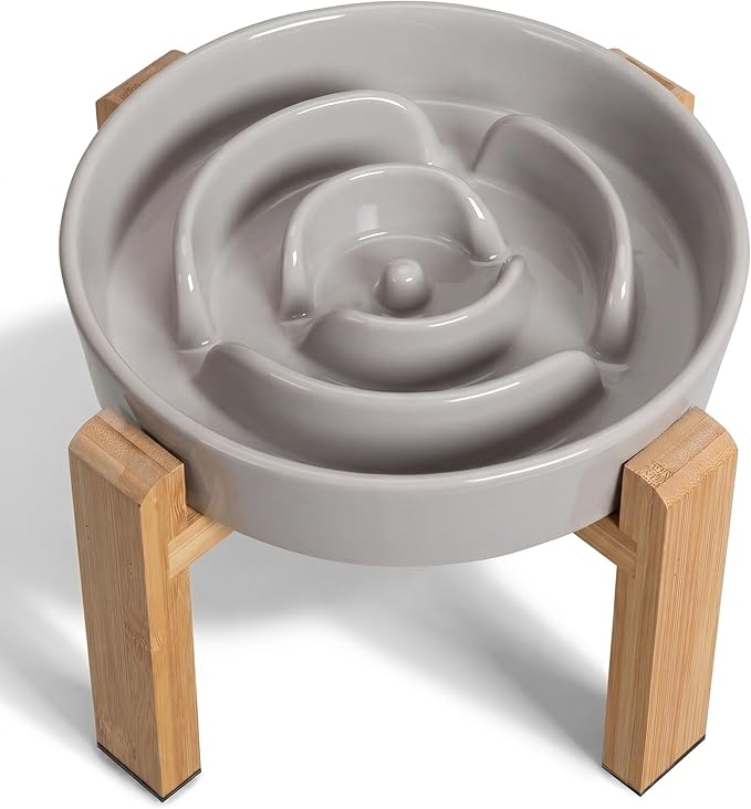 Elevated Slow Feeder Dog Bowl Large Breed, 8.8 Inch Ceramic Slow Eating Bowl with Bamboo Stand, Anti-Choking Raised Maze Design for Medium to Large Dogs, 3.2 Cup, Grey