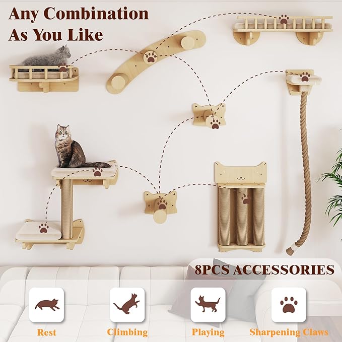 BYBYME 8 Pcs Cat Wall Climbing Set, Wood Cat Furniture with Scratching Posts, Kitten Perch, 100CM Sisal Rope & Cat Bed, Wall Mounted Cat Shelves for Sleeping, Playing & Relaxing（Natural Wood）