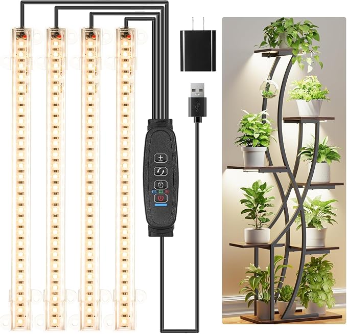 8.6'' LED Grow Light Strips, Full Spectrum 3500K Grow Lights for Indoor Plants, 4 Head with 3/9/12H Timer, 10 Dimmable Levels, Suitable for Seedling, Succulent, Plant Shelf and Greenhouse, 1-Pack