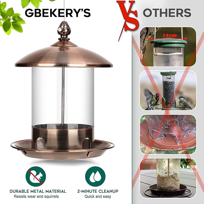Gbekery Metal Bird Feeders for Outdoors Hanging, Weather Resistant Wild Bird Feeder with 360 Degree Feeding Tray, Copper