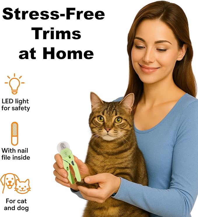Cat Nail Clipper & Small Dog Nail Clippers with LED Light - Illuminates Nails & Bloodline for Safe, Easy Trimming - Extra Sharp, Avoid Over-Cutting - Essential Cat Supplies, Green