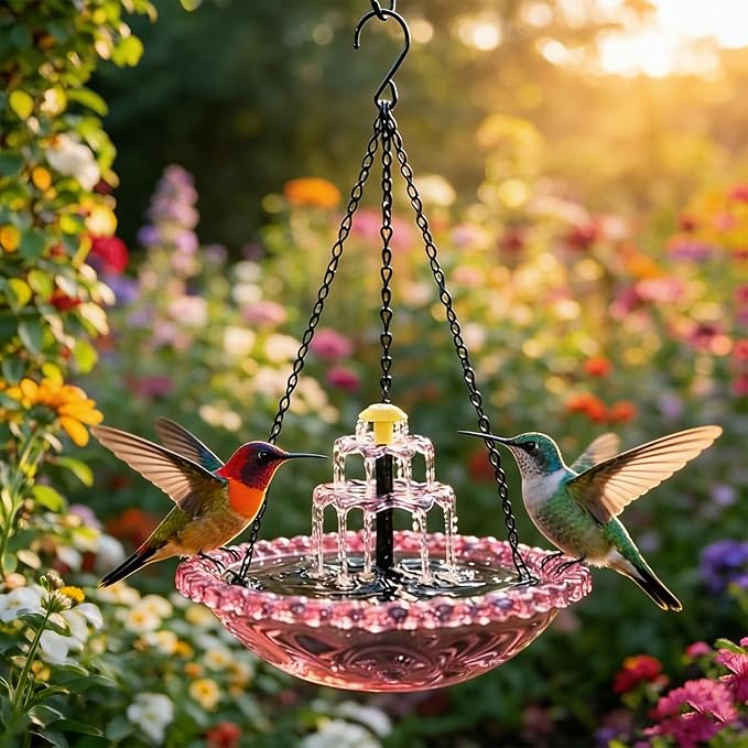 Solar Hanging Bird Bath Fountain, 2026 New 3 Layers Solar Powered Bird Bath Fountain, Outdoor Humming Birds Cascade Baths Fountains, Garden Patio Yard Backyard Lawn Decor (Pink)