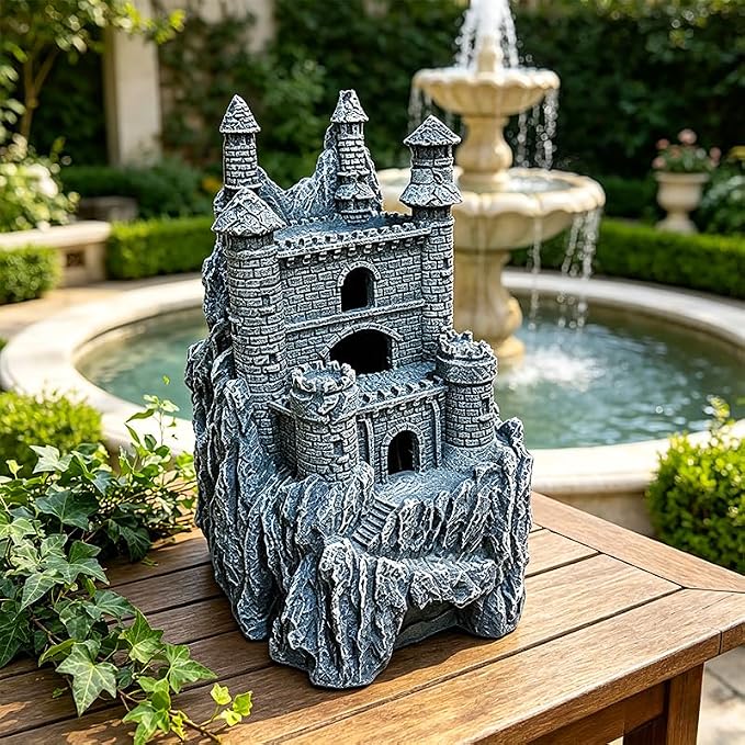 Teaeeno Age-of-Magic Wizard’s Castle Aquarium Décor-Resin for Freshwater and Saltwater Fish Tanks-Large House Ornament Kit -Cute Fish Tank Decor Aquarium Decor-Charming Castle Decor Statue(Stone)
