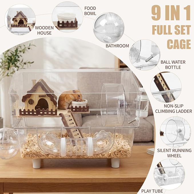 Loungewave Acrylic Hamster Cage, 8 in 1 Gerbil Cage with Accessories, Dwarf Hamster Cage with Full Transparent Viewing, Clear View Inside Easy to Clean, Excellent Ventilation, Classic House Style
