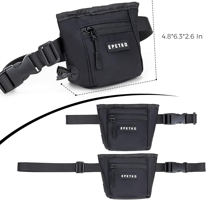 Dog Treat Pouch, Powerful Magnet Closure Device Dog Training Treat Bag Large Capacity Pet Treat Pouch with Poop Bag Dispenser Treat Bag for Dog Training with Metal Waistband Clip (Black)