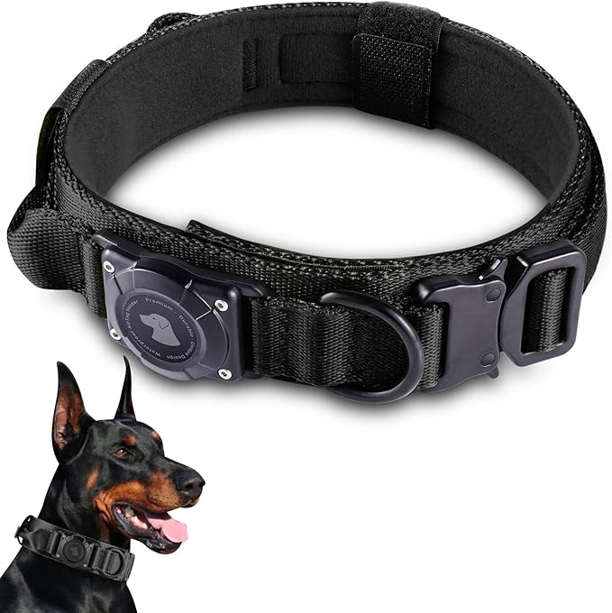 2026 Upgrade Waterproof AirTag Dog Collar, Military Tactical Dog Collar with AirTag Holder, Comfortable Control Handle and Metal Buckle, GPS Dog Collar Holder for Medium to Large Dogs (Black, XL)