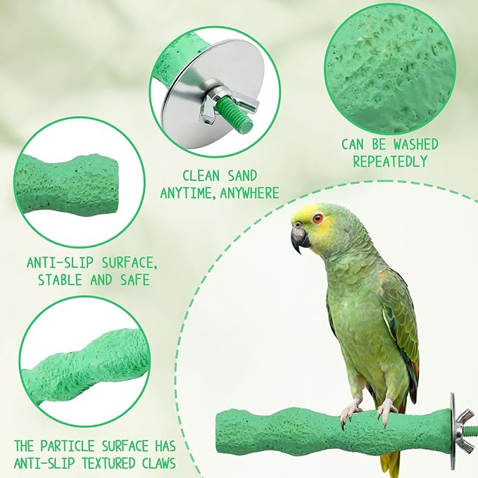2-Piece Bird Beak Grinding Stone Perch Set, Anti-Slip Parrot Nail Trimming Stick with Resin Beak Grinder, Washable Claw Trimmer Care Stand for Budgie, Cockatiel, Parakeet Cage Accessories