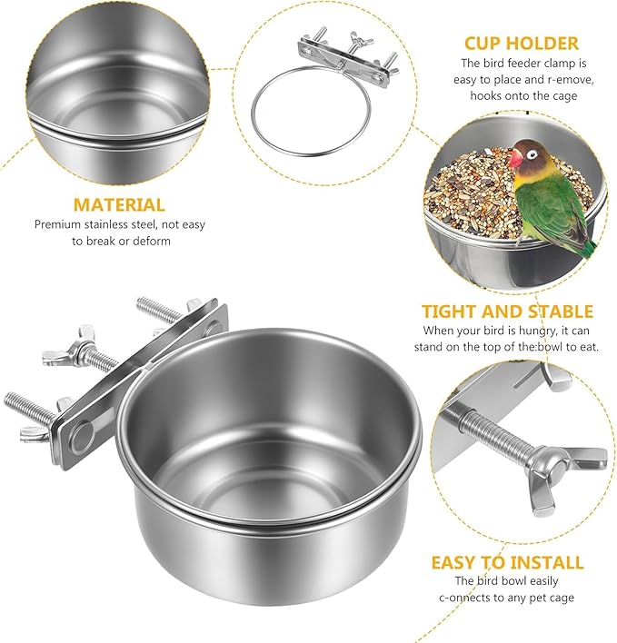 Stainless Steel Bowls for Birds, Bird Food Water Bowl, Bird Cage Water Food Bowl Coop Cup with Clamp Holder for Parrots Cockatiel Budgies Parakeet Lovebird