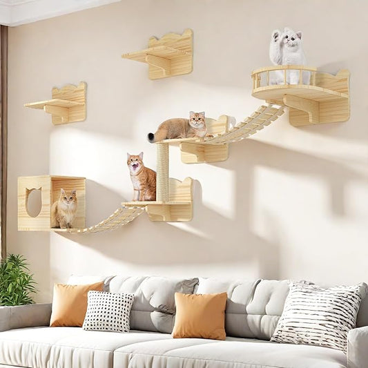 Cat Wall Shelves, Cat Shelves and Perches for Wall, Set of 9 Wooden Cats Shelf Furniture with Scratching Post, House, Condo, Bridge Ladder for Multiple Cats