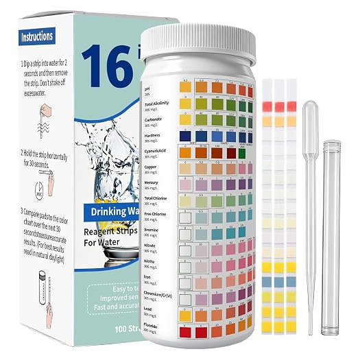 16-in-1 Universal Test Strips - 100pcs Reliable pH Testing Strips Kit for Liquid Testing, Quick Get Highly Accurate Results in Seconds, Drinking Water, Aquarium, Pool, Hot Tub, Spa