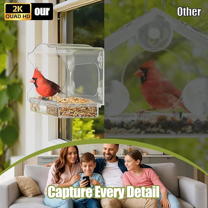 Waterproof Smart Bird Feeder Camera with AI ID, 2K HD Glare-Free Video. All-Weather Outdoor Window Mount. Unique Gifts for Elderly Parents, Kids, Birding Lovers & Gardeners