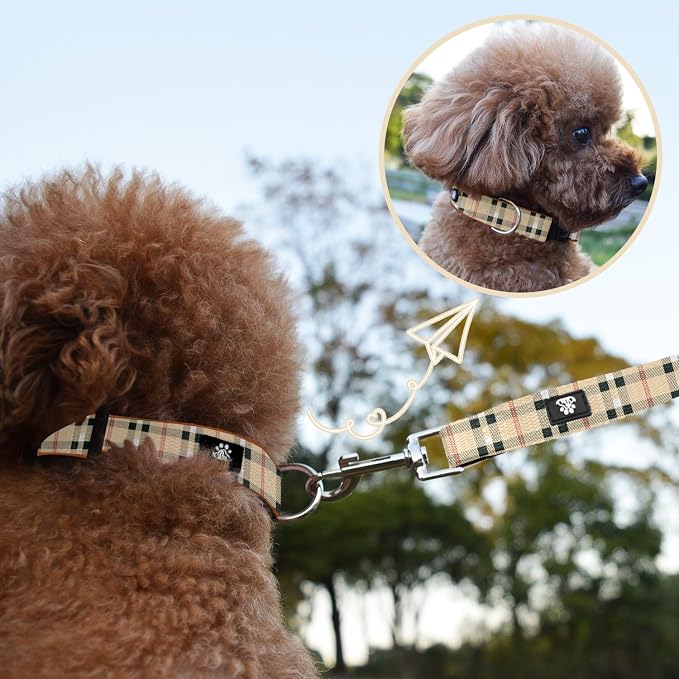 NESTROAD Dog Collar and Leash Set,Soft Neoprene Pet Collar with Quick Release Buckle,Adjustable Nylon Dog Collars for Small Medium Large Dogs(Medium,Cherecked Beige)