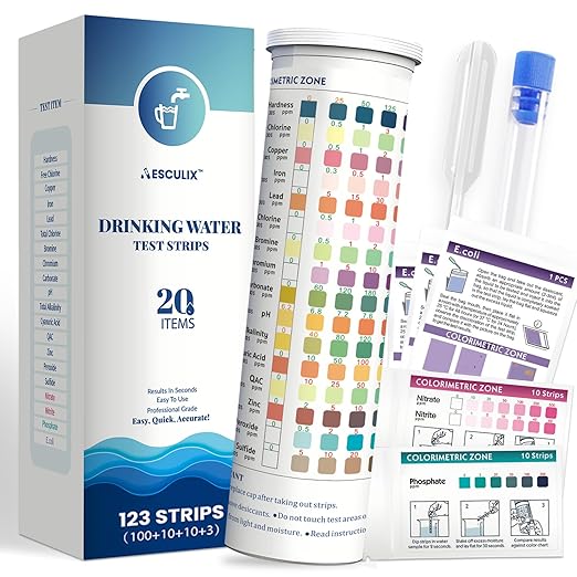 20 in 1 Water Tester for Drinking Water, Well Water Testing Kit, Suitable for Household Tap Water, Natural Water Quality Testing, Can Detect Water Hardness, Chlorine, Lead, Ph, Etc. (123 Test Strips)