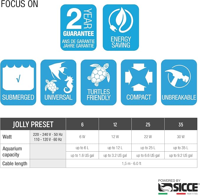Sicce 6W Jolly Preset Small Submersible Aquarium Heater, Constant Temperature, Betta Fish Tank Heater Set to 77℉ for 1-2 Gallons Freshwater & Saltwater Tanks