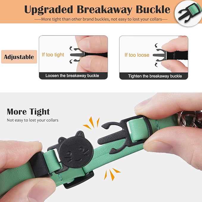 WROSWT Upgrade Breakaway Cat Collar with Bells, Soft Leather Kitten Collars with Name Tag,Safety Adjustable Buckle,Lightweight,Ideal for Girl Boy Cats,Puppies,2 Pack (Green+Blue)