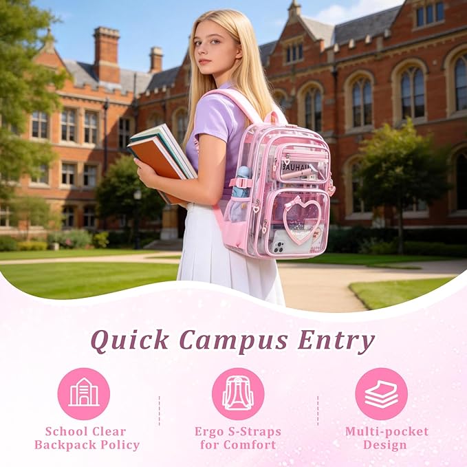 Clear Backpack for School Girls, Cute Heavy Duty PVC Transparent Bookbag, See-Through Bag for Stadium Event Pink