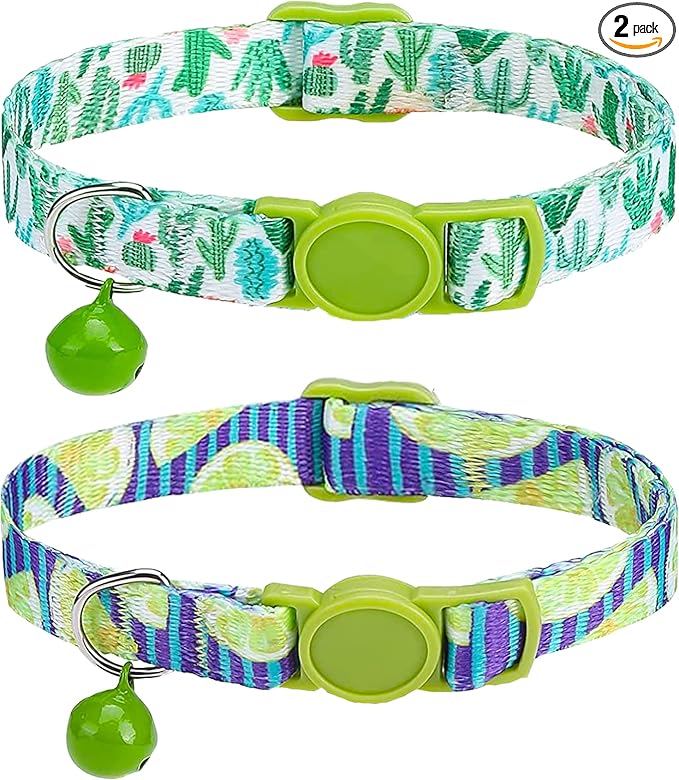 SOLMOONY Cute Cat Collar for Girl Boy,Colorful Breakaway Cat Collars with Bell 2 Pack，Adjustable Printed Nylon with Safety Buckles Kitten Collar (Cactus)