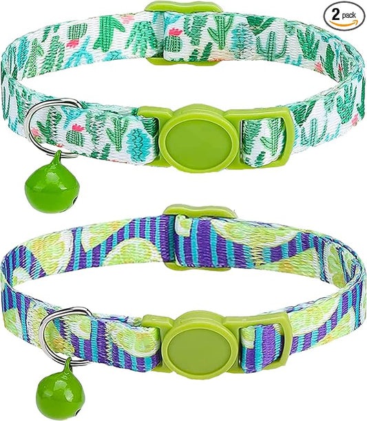 SOLMOONY Cute Cat Collar for Girl Boy,Colorful Breakaway Cat Collars with Bell 2 Pack，Adjustable Printed Nylon with Safety Buckles Kitten Collar (Cactus)