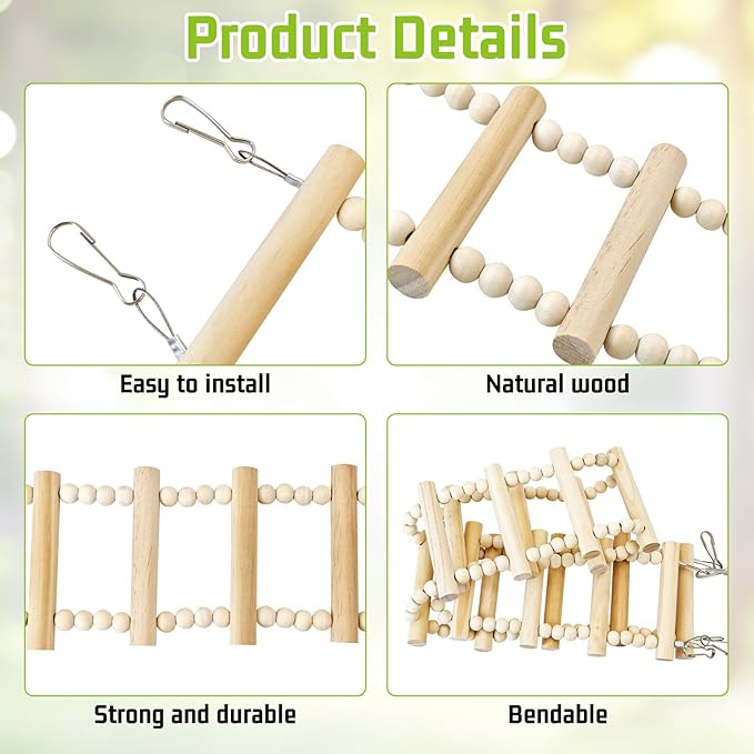 BNOSDM Long Bird Ladder Bridge 45.3 in Wooden Parakeet Climbing & Swing Toys Bird Cage Accessories for Budgies, Cockatiels, Conures, Lovebirds, Canaries (20-Steps)