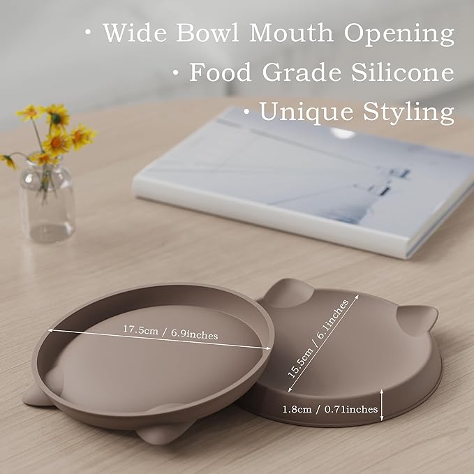 Cat Bowls for Indoor Gentle Small Kitten (2pcs, Soft Silicone) Shallow Wide Plates Feeder Whisker Fatigue Relief Cute Pet Kitty Food Water Dishes Set Anti Slip, Dishwasher Safe