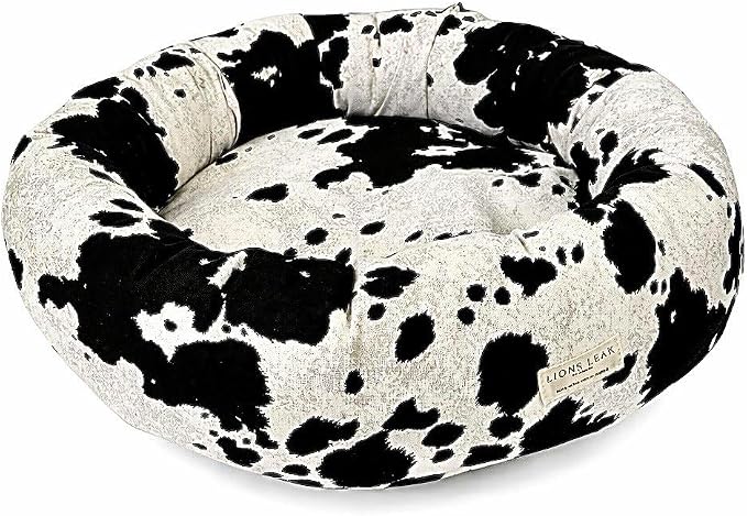 Round Dog Bed – Natural Canvas, Removable Washable Cover, Raw Cotton or Latex Fill, Hypoallergenic Non-Toxic, Made in USA (Cow Print Black White, X-Small, Firm Support – Raw Cotton)
