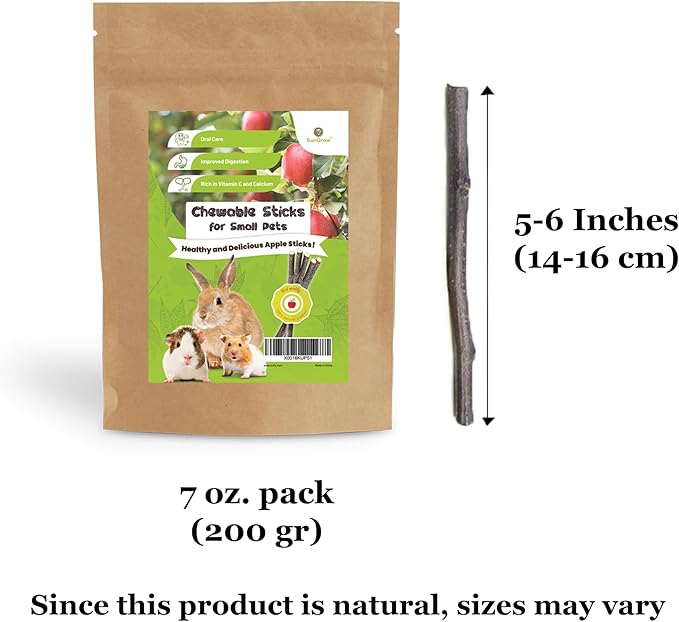 SunGrow Apple Sticks, Wood Chew Sticks for Rabbits, Chinchillas, Bunny, Hamster, Squirrel, Guinea Pigs, Small Animals Molar Pet Chew Toys Treat for Teeth Grinding 200g (7 oz)