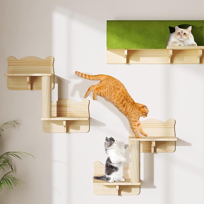 7-in-1 Cat Wall Shelves, Multi-Level Solid Wood Cat Furniture for Wall, Floating Cats Wall Shelves Set, Cat Climbing Wall Systems with Scratching Post and Tunnel, Burlywood