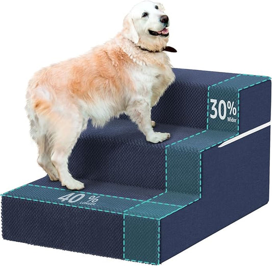 YENING Large Dog Stairs for High Beds - Extra Wide Pet Steps for Large Dogs to Get on Tall Bed 3 Deep Step Cat Ramp for Couch Navy Blue