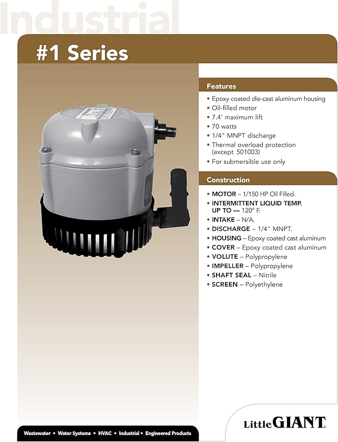 Little Giant #1 115 Volt, 1/150 HP, 205 GPH Direct Drive Small Submersible Fountain Pump with 6-foot cord, Blue, 501003