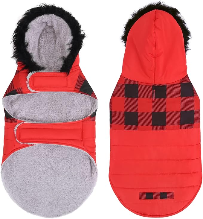 HDE Dog Puffer Jacket Fleece Lined Warm Dog Parka Winter Coat with Harness Hole Buffalo Plaid - M