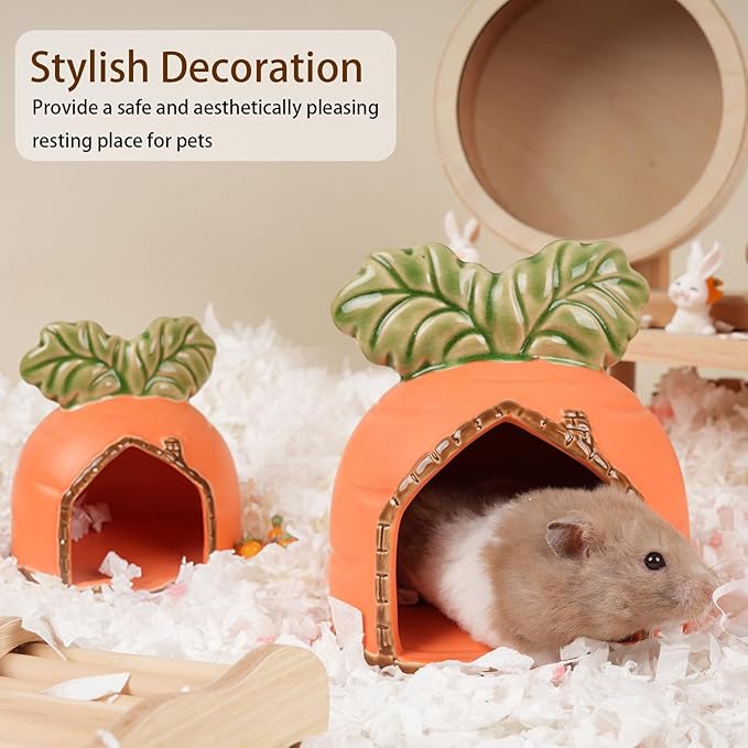 Ceramic Hamster Hideout, Hamster House and Habitat, Syrian Hamster Hideout Decor Cool Bed for All Season Gerbil, Mice Guinea Pig (Orange, Carrot)