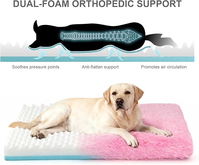 Orthopedic Dog Bed for Medium Dogs, Dual-Layer Memory & Egg-Crate Foam, Washable Warm Winter Plush Cover, Waterproof Liner, Non-Slip Bottom, Crate/Kennel Pad, 35 x 22 Inch, Pink