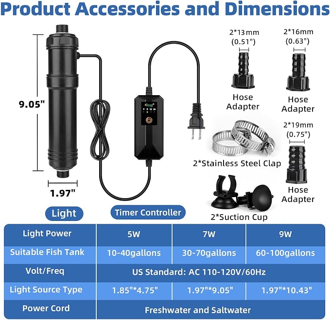 hygger Aquarium U-V Light, 7W U-V-C Lamp with Timer for 30-70 Gallon Tanks | Compact U-V light with Timer, 360° ABS Protective Shield, Freshwater or Saltwater Aquariums, Clear Water Support
