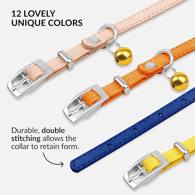 CollarDirect Leather Cat Collar with Removable Bell – Safety Elastic Strap (Breakaway Alternative) – Kitten Collar for Small & Big Boy & Girl Cats