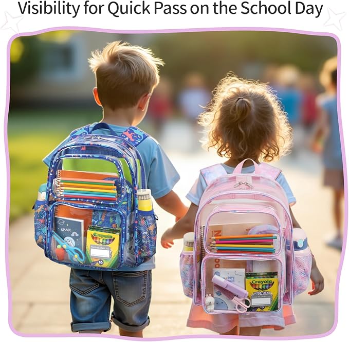 Clear Backpack for Girls, 15 Inch Heavy Duty Transparent Bookbag for Kindergarten to 2nd Grade, PVC See Through Daypack with Reflective Straps, Fits Standard Folders, Pink Tie-dye
